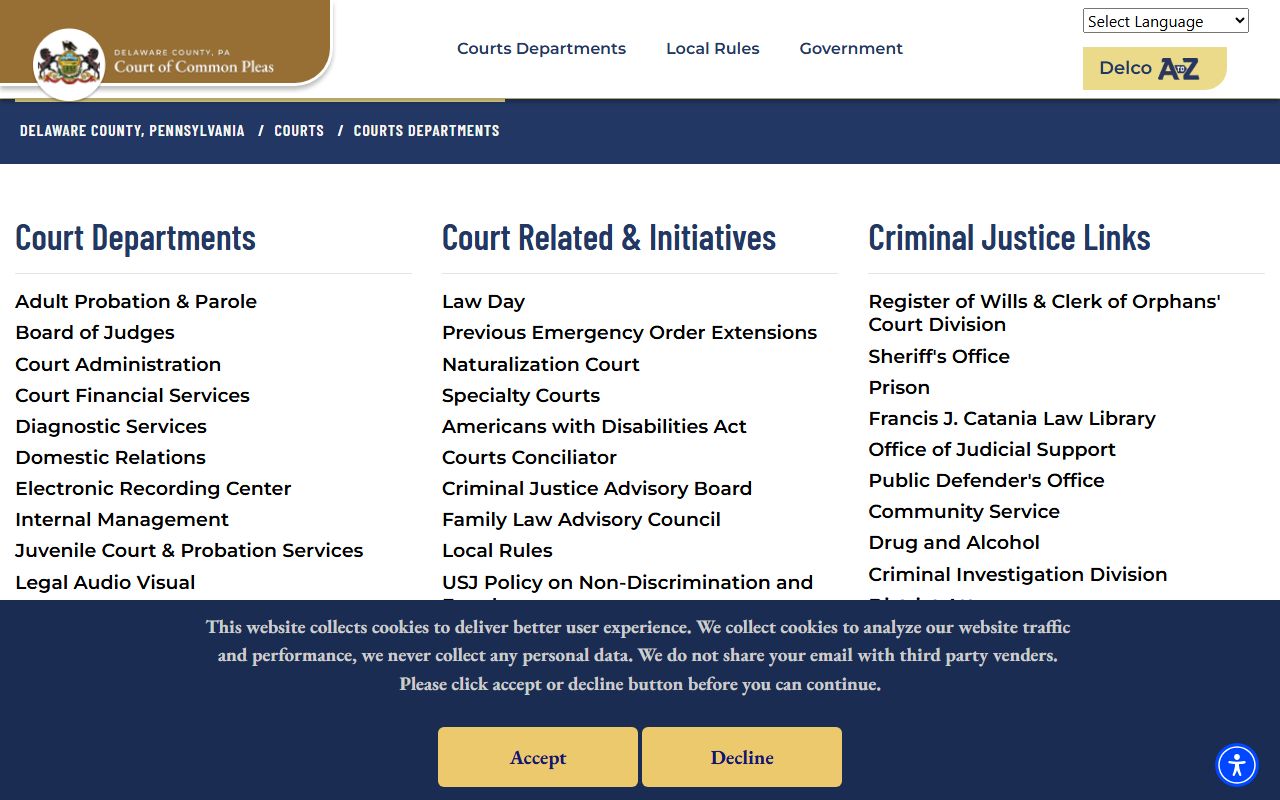 Delaware County courts departments list showing court record offices
