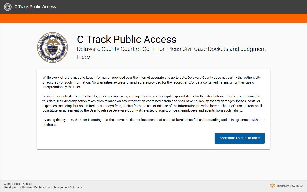 Delaware County Public Access portal home page for court records search