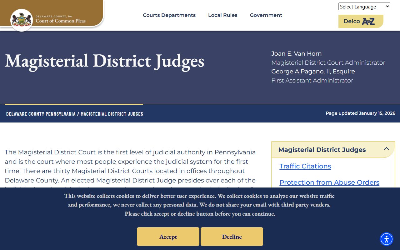 Delaware County Magisterial District Judges page for the Court of Common Pleas system
