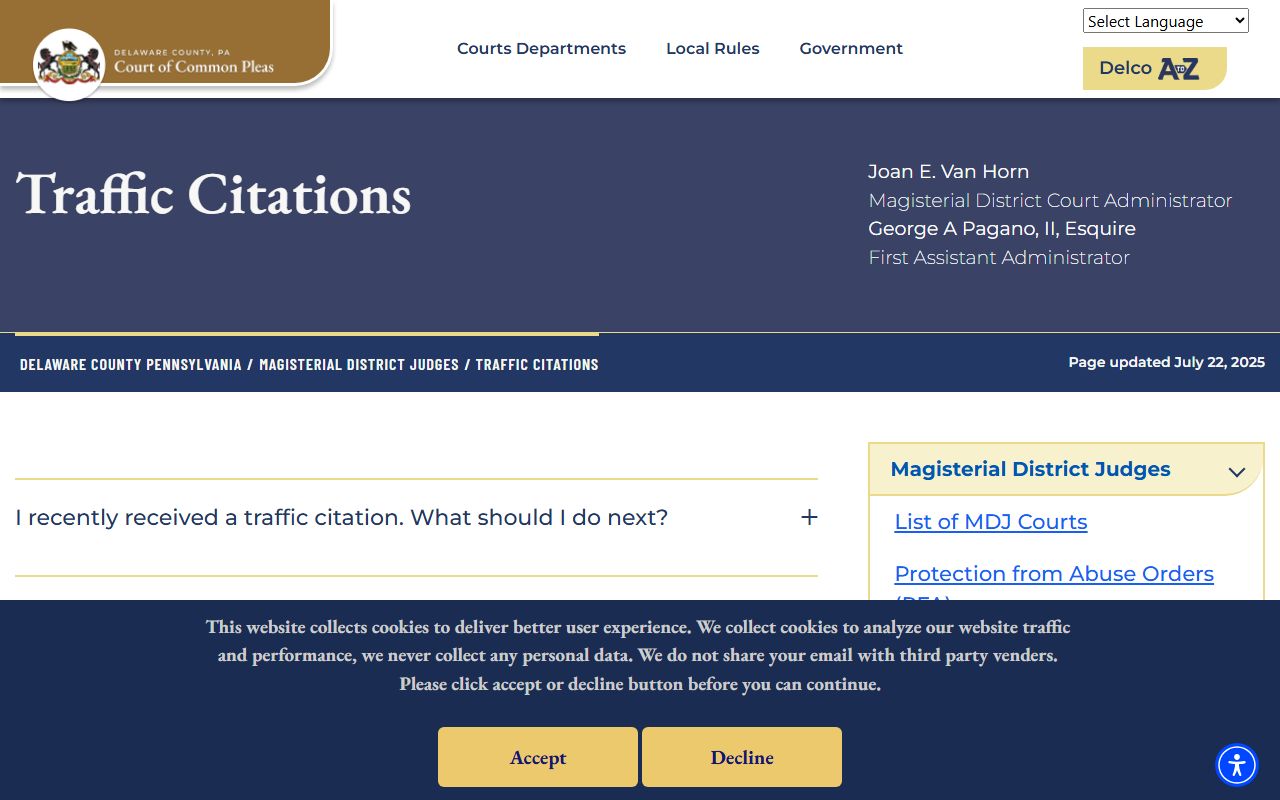 Delaware County Magisterial District traffic citations page for traffic court records