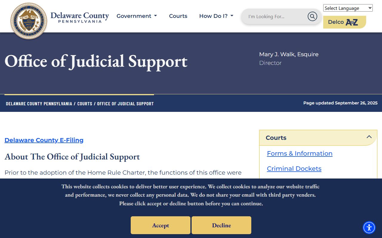 Delaware County Office of Judicial Support homepage for court records
