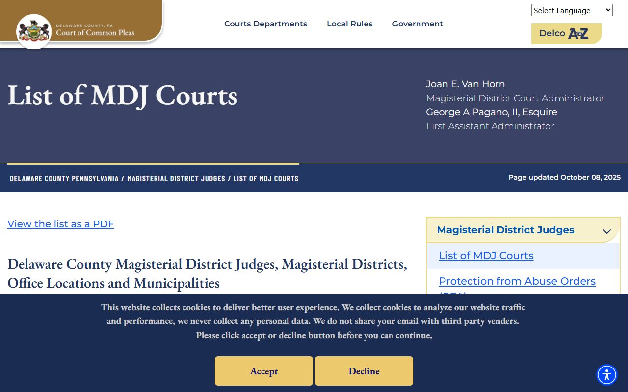 Official Delaware County Magisterial District Courts list for the Court of Common Pleas system