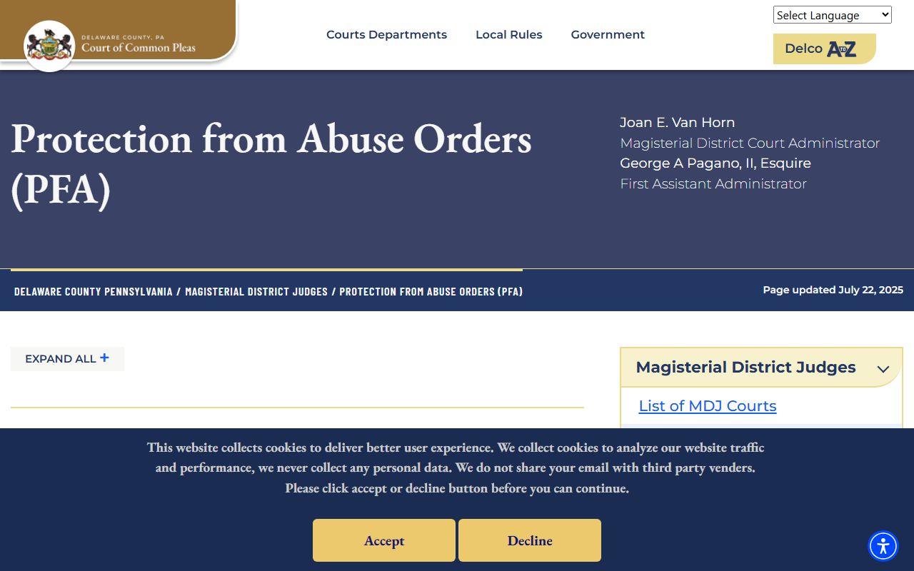 Delaware County protection from abuse page for family court records