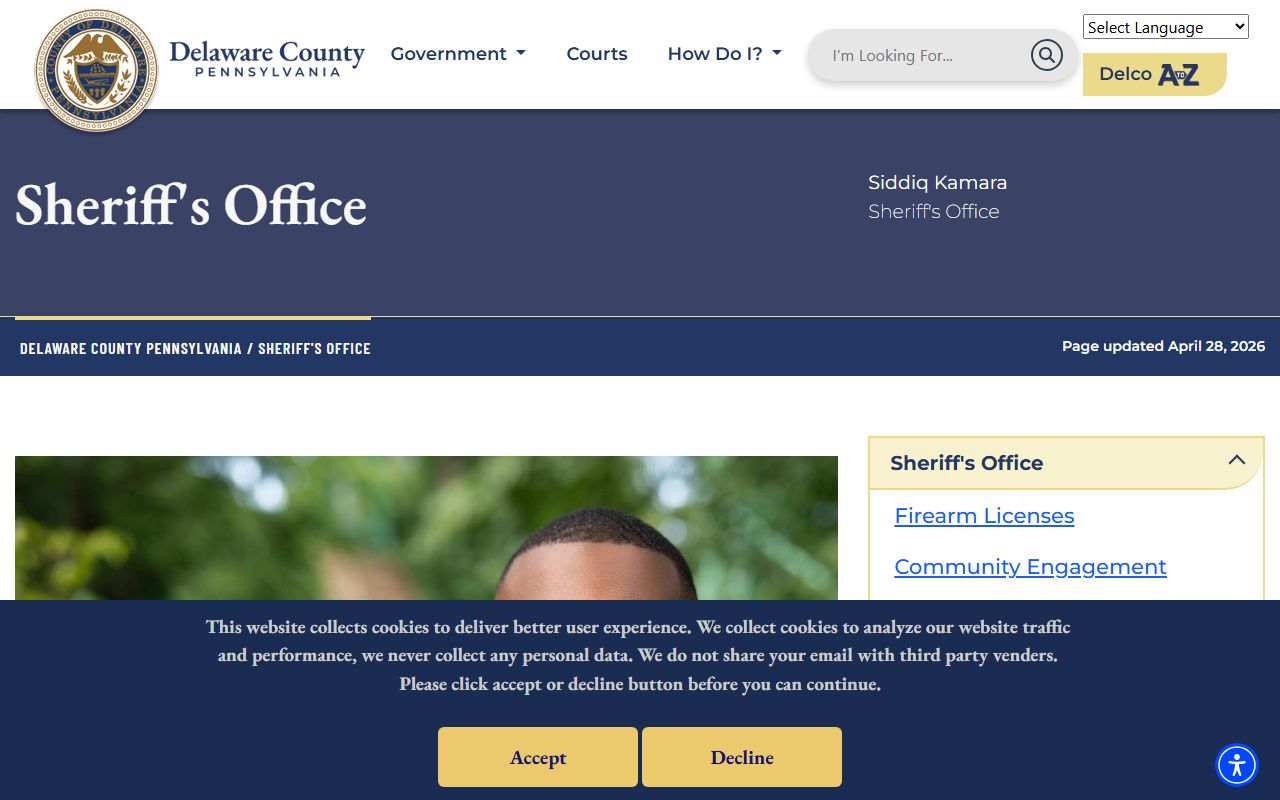 Delaware County Sheriff's Office homepage for warrant records and court process