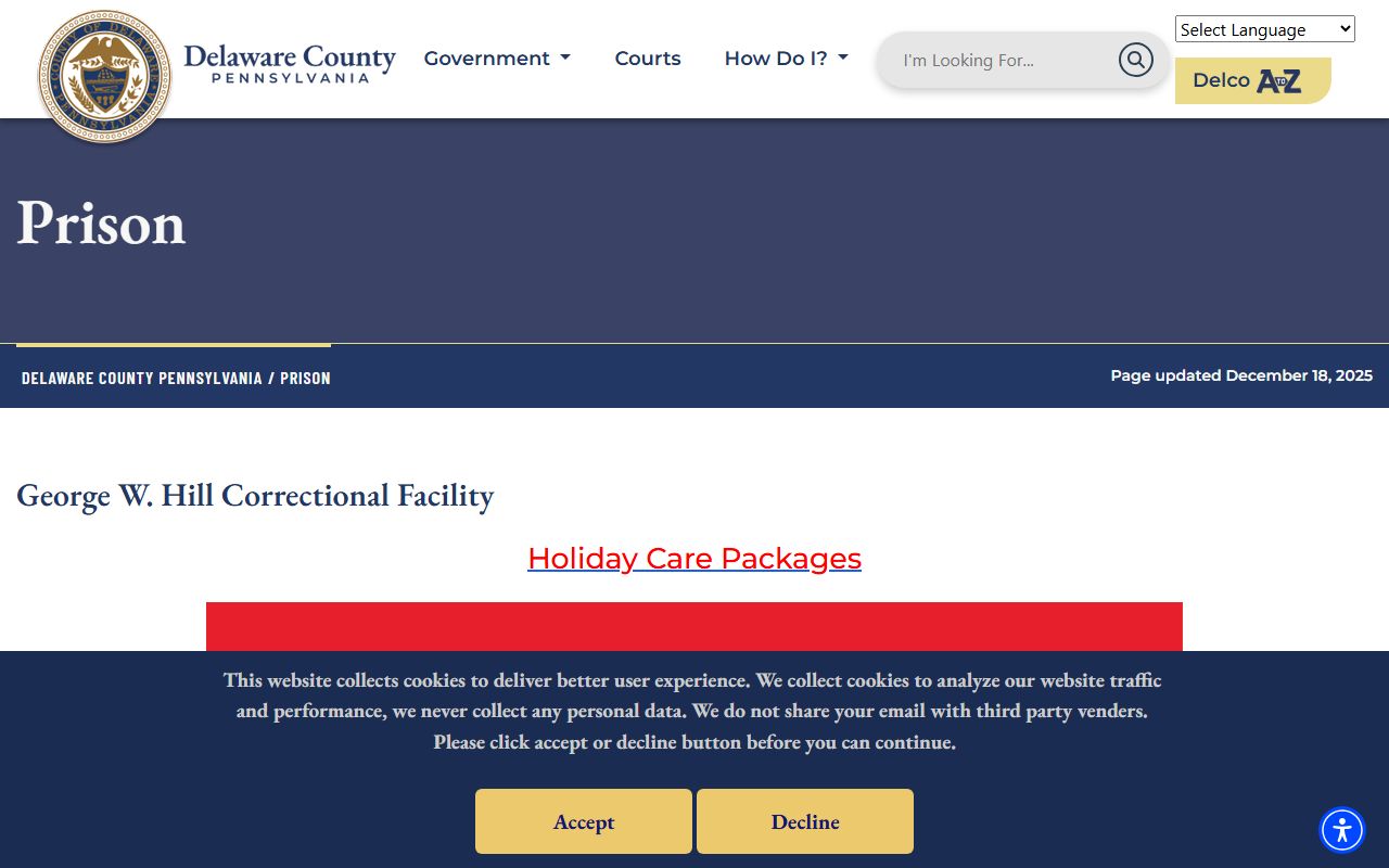 George W. Hill Correctional Facility landing page for Delaware County inmate records