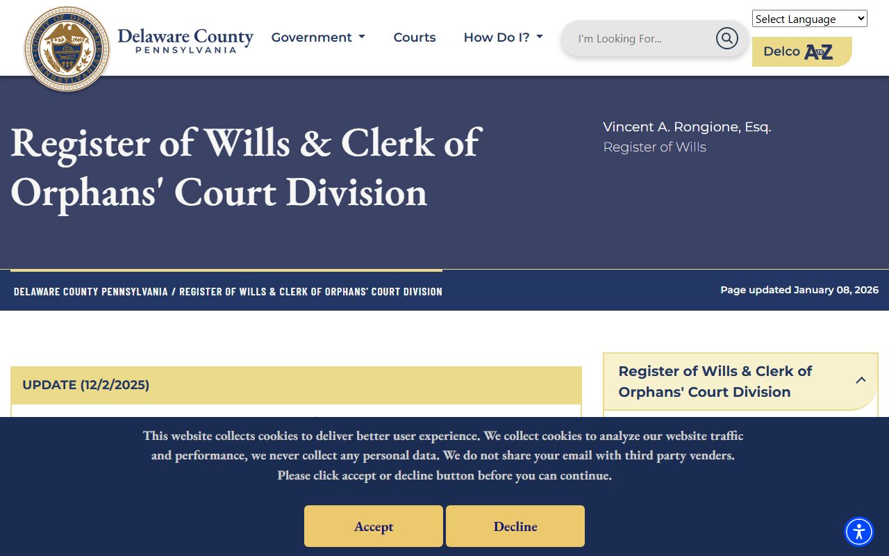 Delaware County Register of Wills homepage for marriage and divorce records