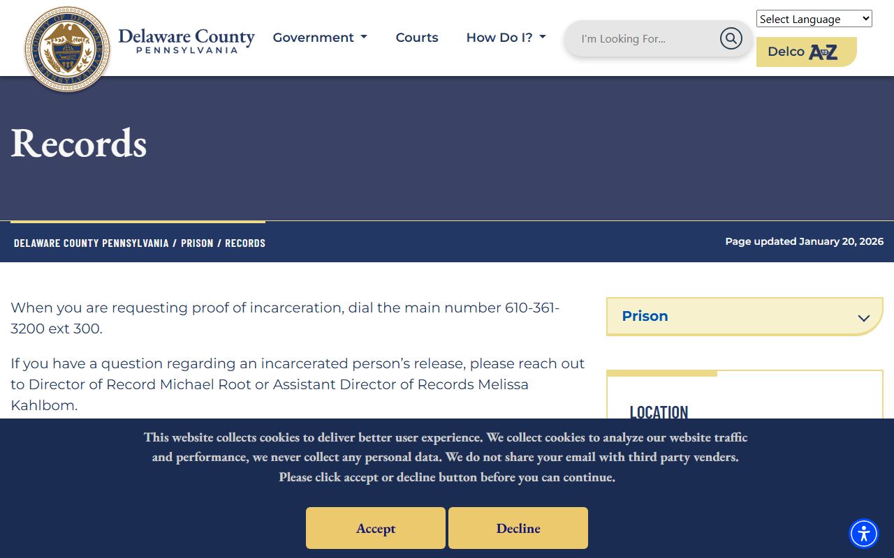 George W. Hill prison records department page for Delaware County released inmates