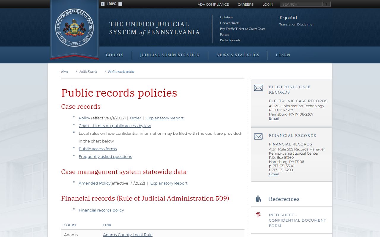 Pennsylvania courts public records policies for Delaware County court records access