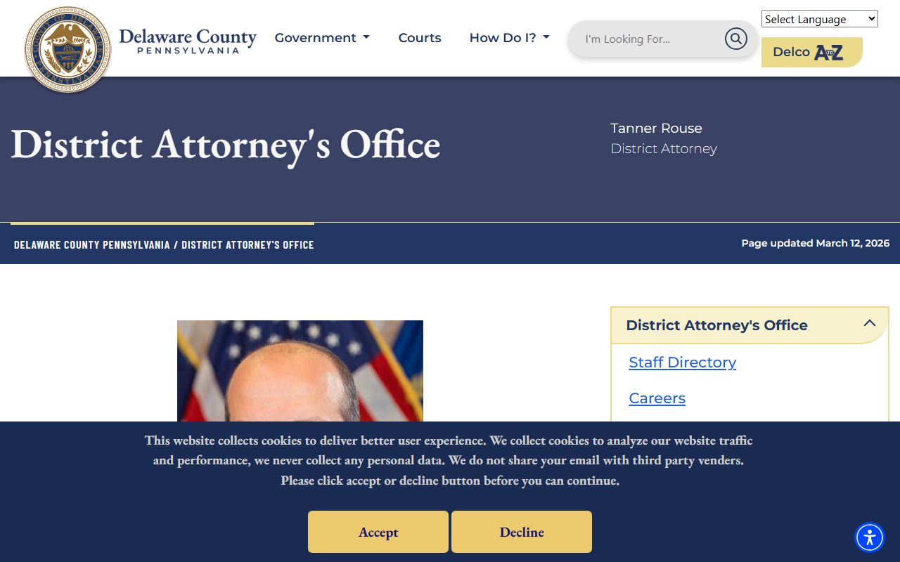 Delaware County District Attorney homepage for arrest records and prosecution