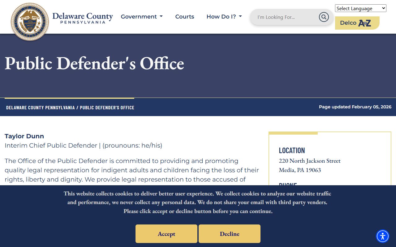 Delaware County Public Defender homepage for arrest records and defense