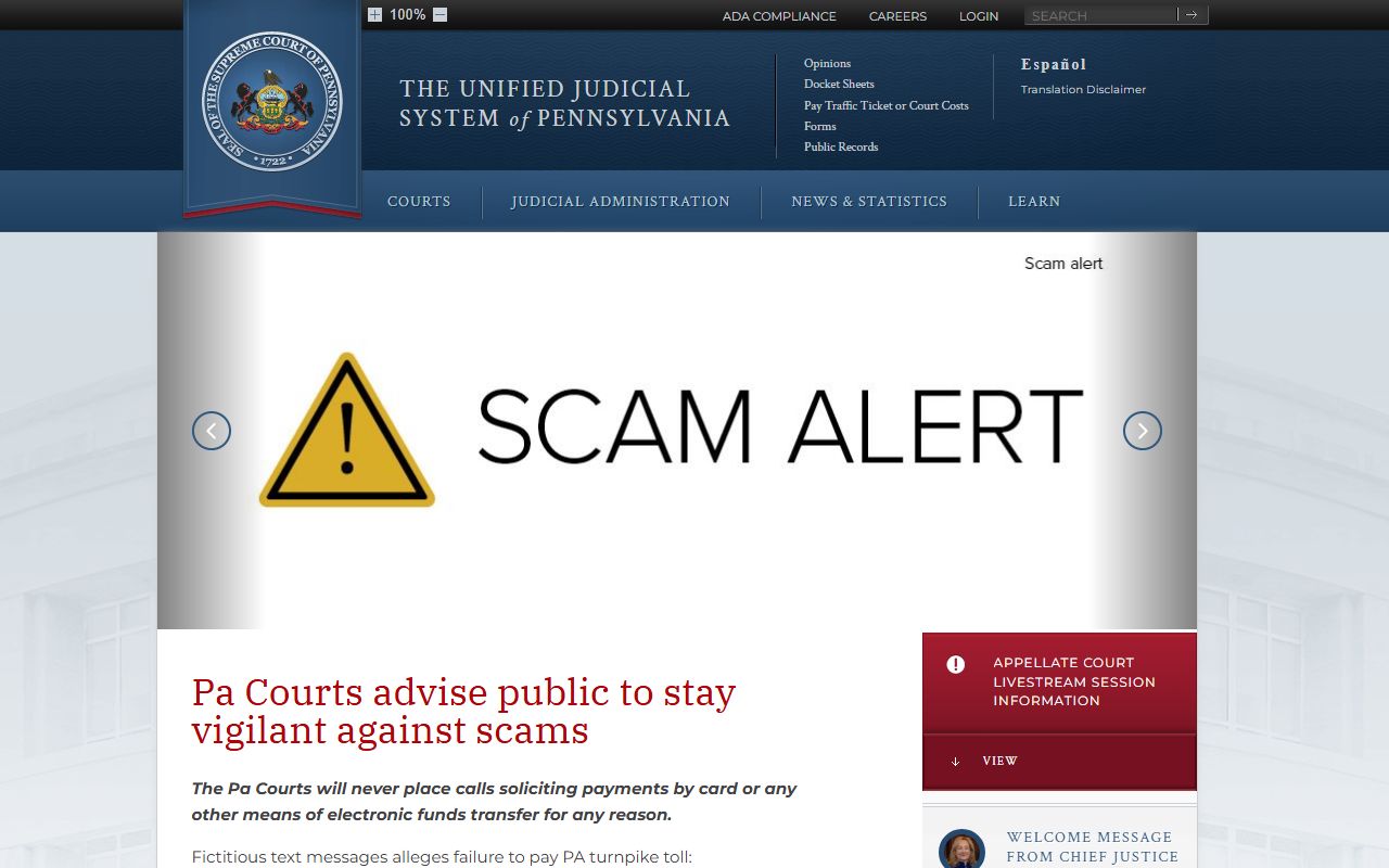 Unified Judicial System of Pennsylvania homepage for Delaware County court records