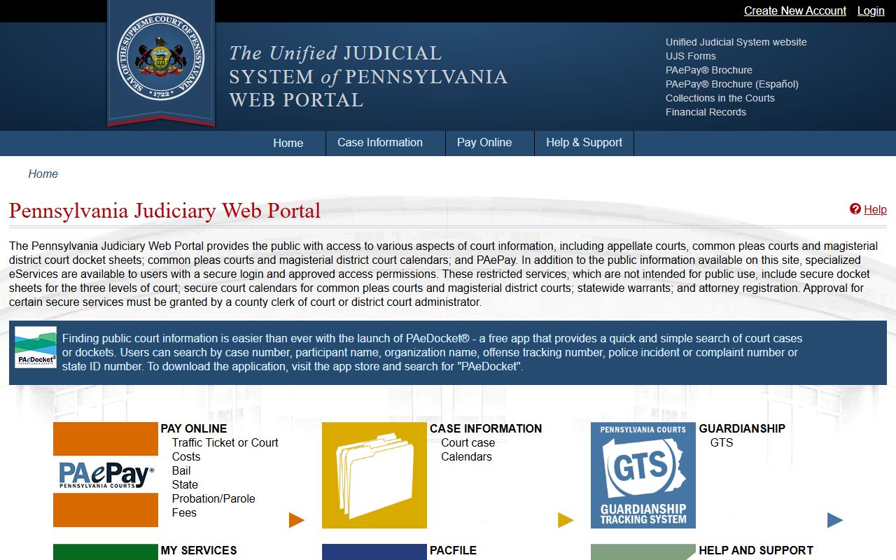 Pennsylvania UJS Web Portal home page for Delaware County court dockets