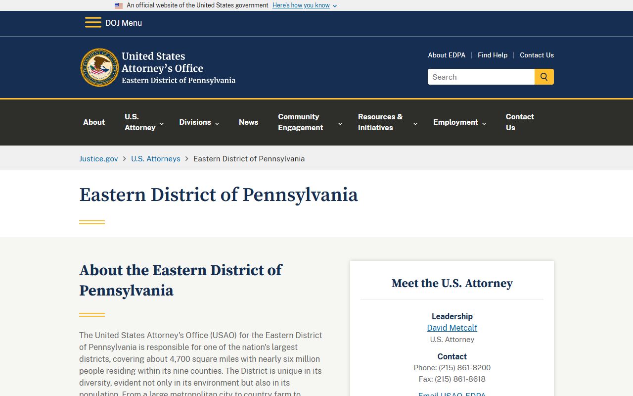 U.S. Attorney Eastern District of Pennsylvania for Delaware County criminal cases