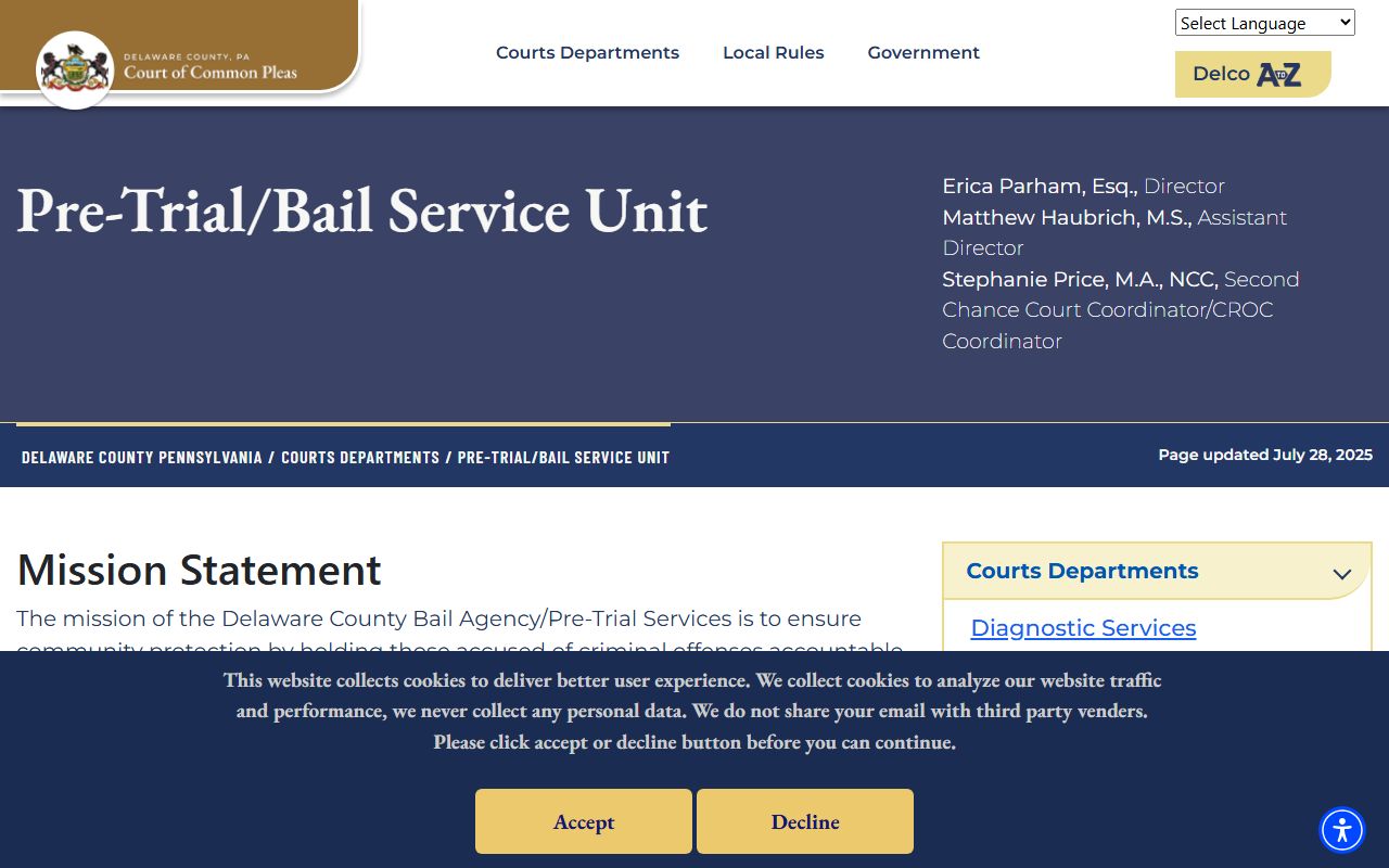 Delaware County pretrial bail information for inmate records and release