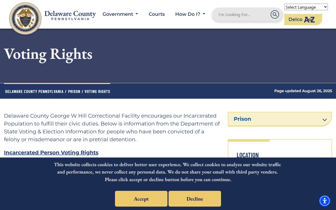 Delaware County prison voting rights page for released inmates
