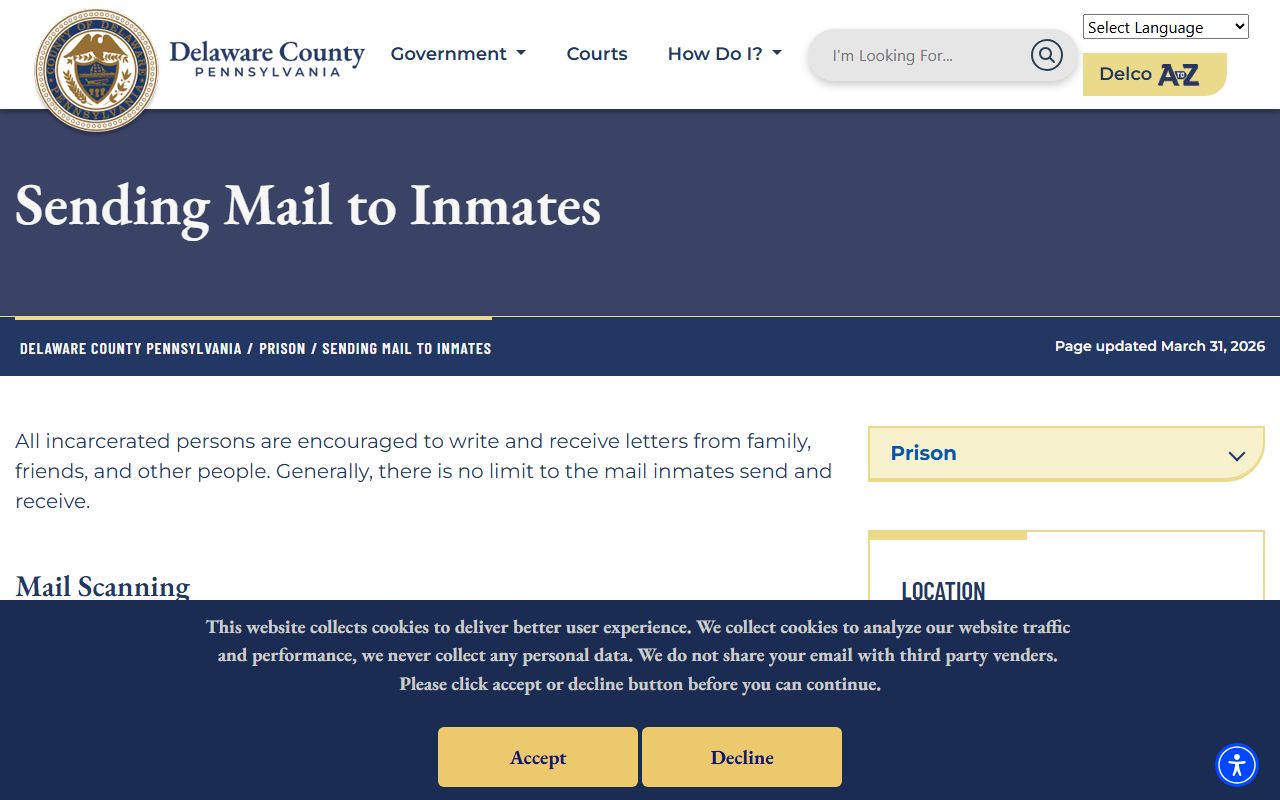 Delaware County prison mail rules for inmate records