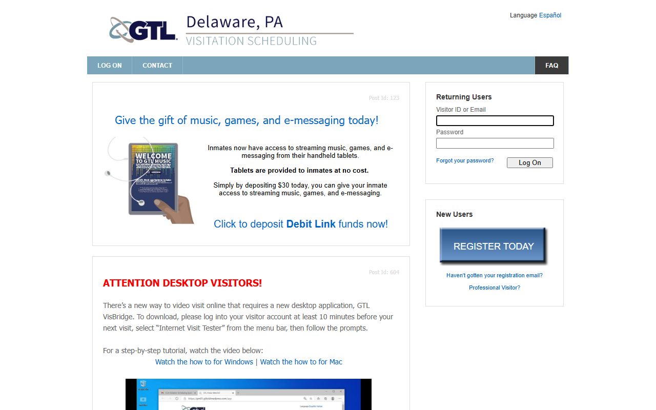 GTL VisitMe scheduling app for Delaware County inmate visitation records