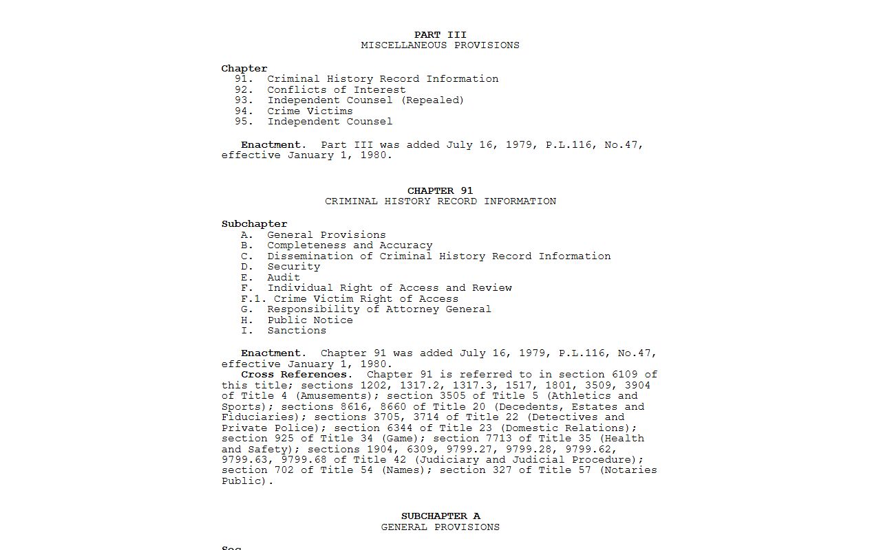 Pennsylvania criminal history record chapter for Delaware County arrest records