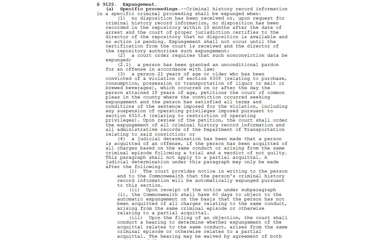 Pennsylvania adult expungement statute for Delaware County arrest records